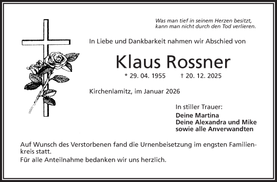 Traueranzeige von Klaus Rossner von Frankenpost