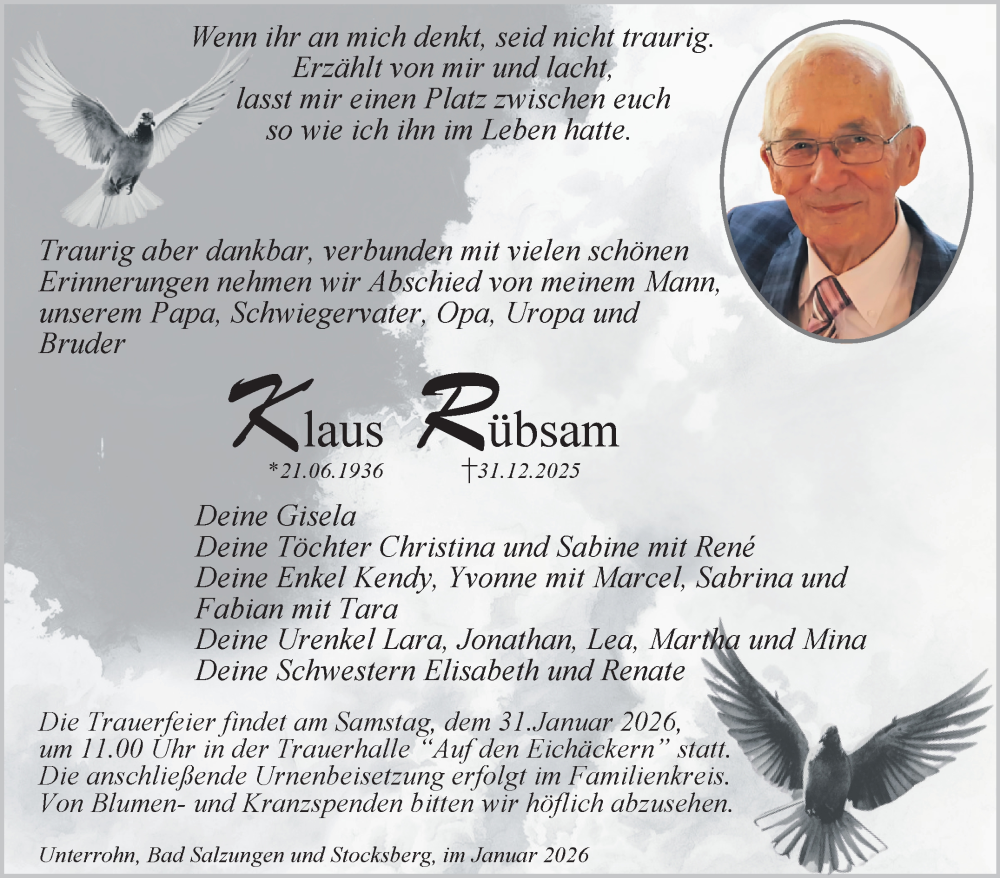  Traueranzeige für Klaus Rübsam vom 24.01.2026 aus Südthüringer Presse