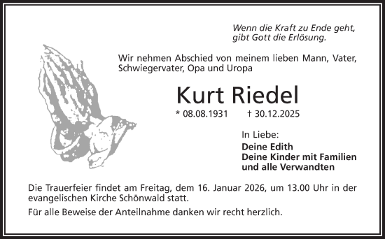 Traueranzeige von Kurt Riedel von Frankenpost