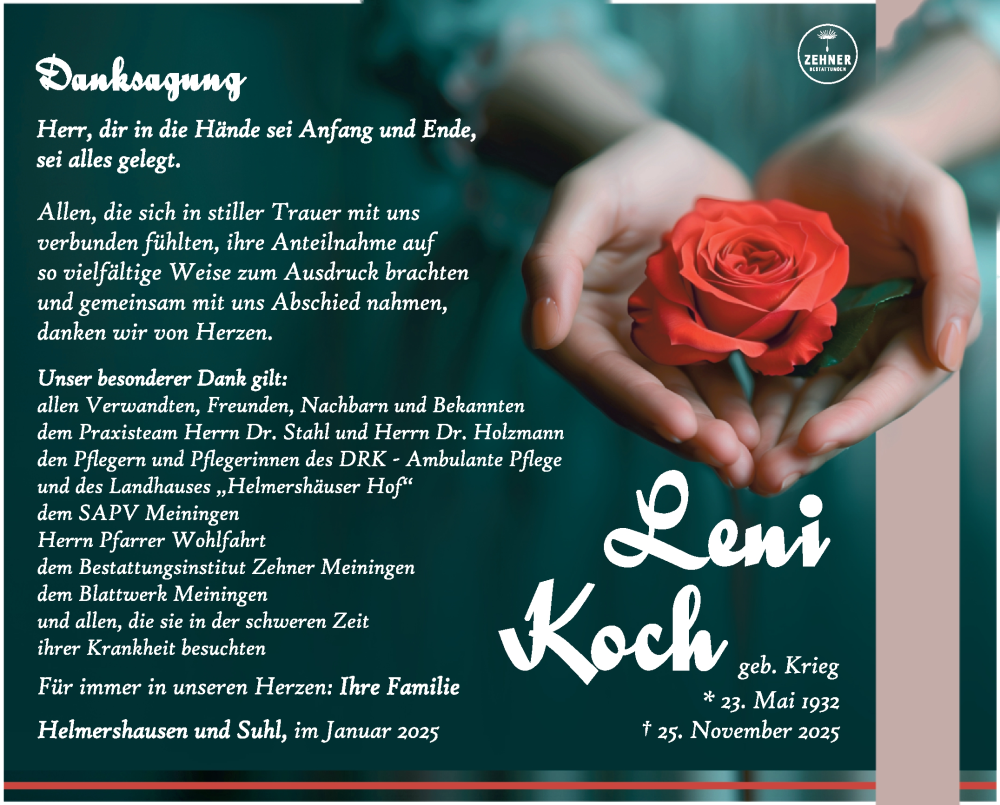  Traueranzeige für Leni Koch vom 03.01.2026 aus Südthüringer Presse