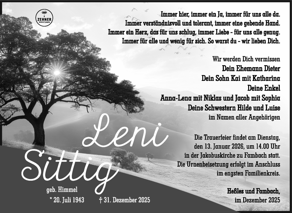  Traueranzeige für Leni Sittig vom 10.01.2026 aus Südthüringer Presse