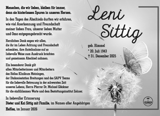 Traueranzeige von Leni Sittig von Südthüringer Presse