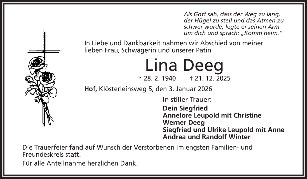  Traueranzeige für Lina Deeg vom 03.01.2026 aus Frankenpost