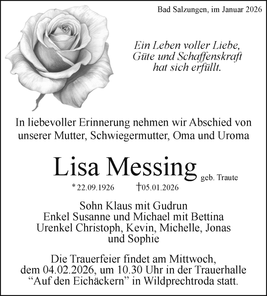  Traueranzeige für Lisa Messing vom 31.01.2026 aus Südthüringer Presse