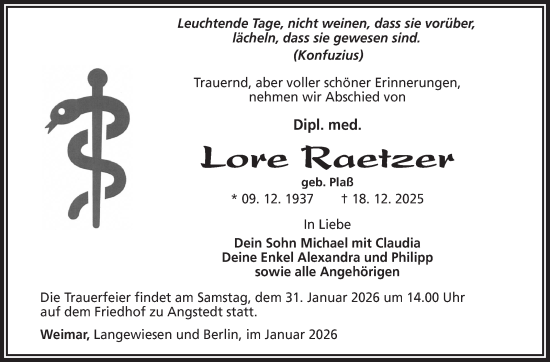 Traueranzeige von Lore Raetzer von Südthüringer Presse