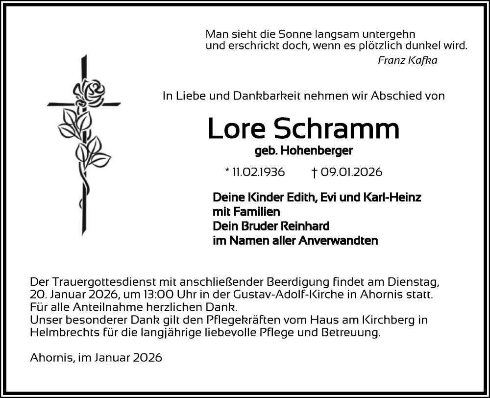  Traueranzeige für Lore Schramm vom 17.01.2026 aus Frankenpost