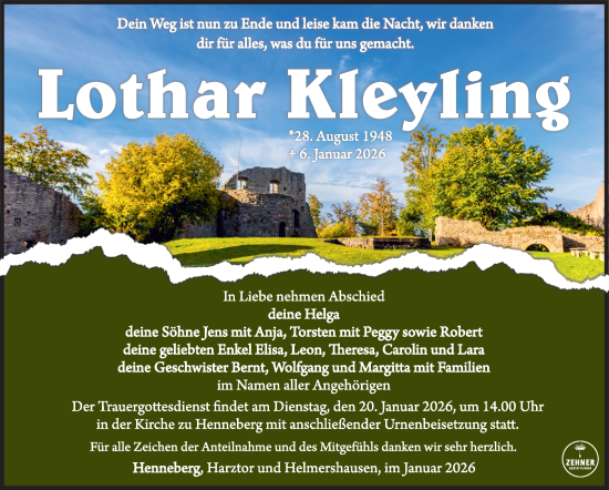 Traueranzeige von Lothar Kleyling von Südthüringer Presse