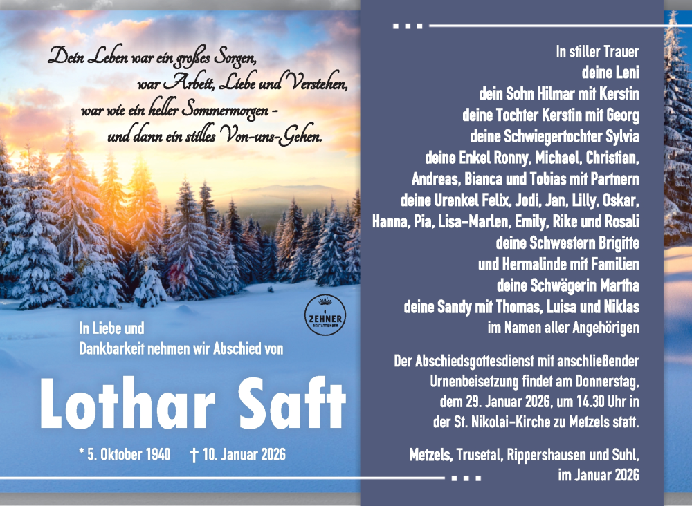 Traueranzeige für Lothar Saft vom 24.01.2026 aus Südthüringer Presse