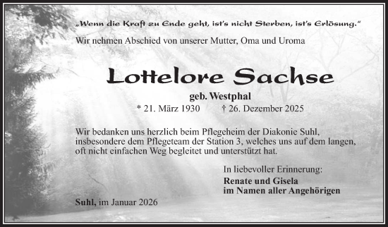 Traueranzeige von Lottelore Sachse von Südthüringer Presse
