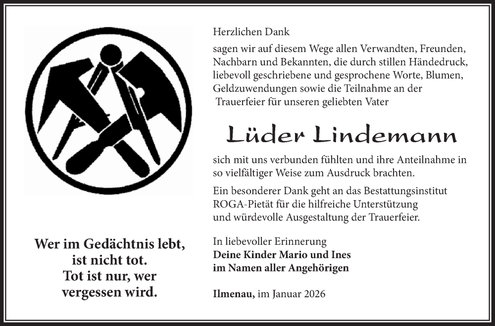  Traueranzeige für Lüder Lindemann vom 24.01.2026 aus Südthüringer Presse