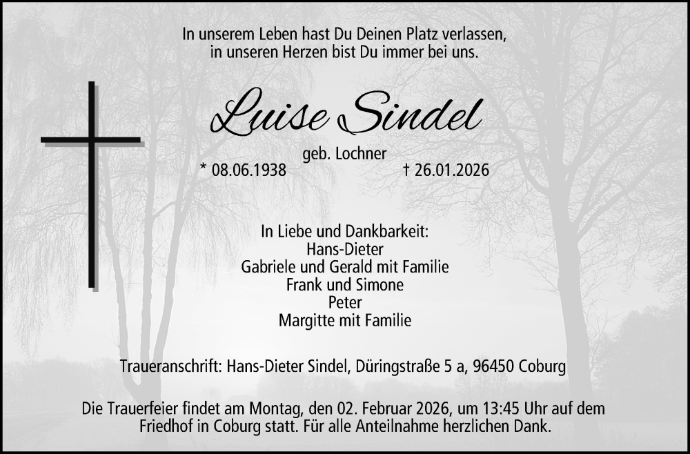  Traueranzeige für Luise Sindel vom 31.01.2026 aus Neue Presse Coburg