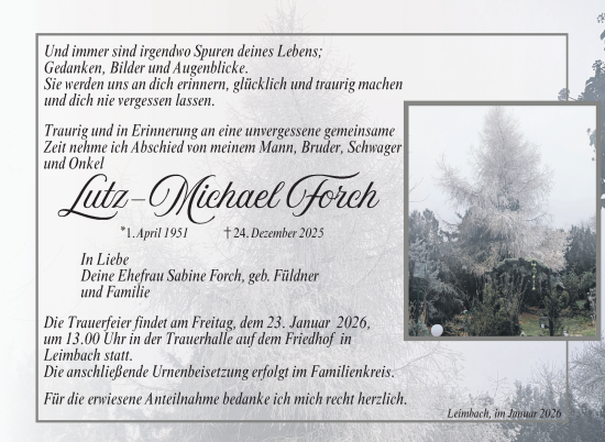 Traueranzeige von Lutz-Michael Forch von Südthüringer Presse