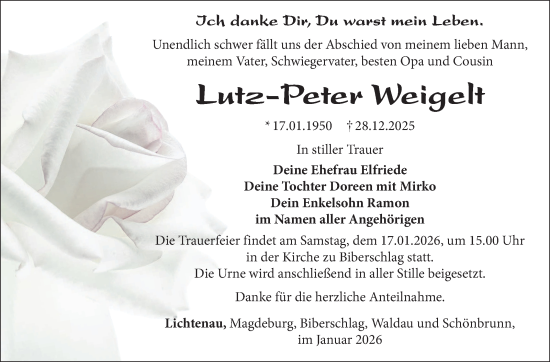 Traueranzeige von Lutz-Peter Weigelt von Südthüringer Presse