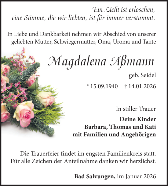 Traueranzeige von Magdalena Aßmann von Südthüringer Presse