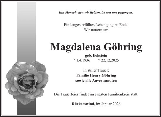 Traueranzeige von Magdalena Göhring von Südthüringer Presse