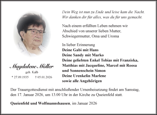 Traueranzeige von Magdalene Möller von Südthüringer Presse