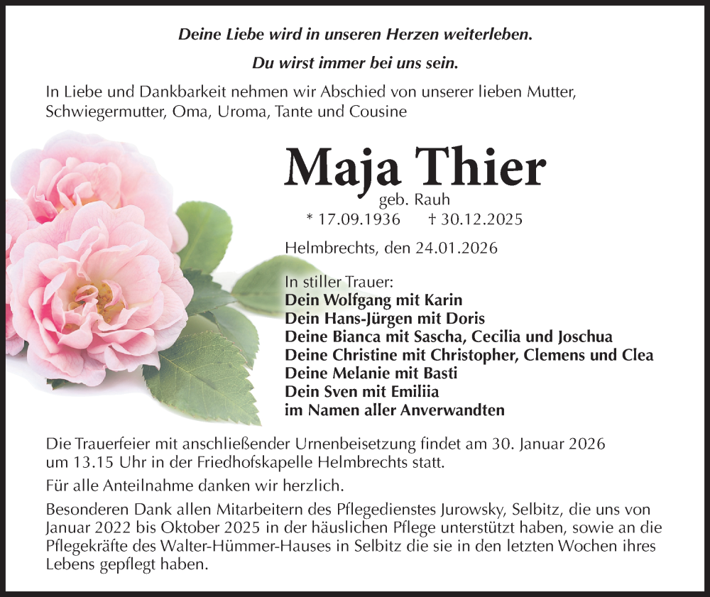  Traueranzeige für Maja Thier vom 24.01.2026 aus Frankenpost