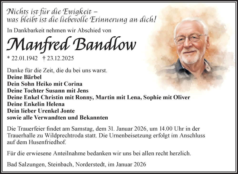  Traueranzeige für Manfred Bandlow vom 24.01.2026 aus Südthüringer Presse