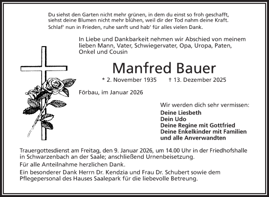 Traueranzeige von Manfred Bauer von Frankenpost