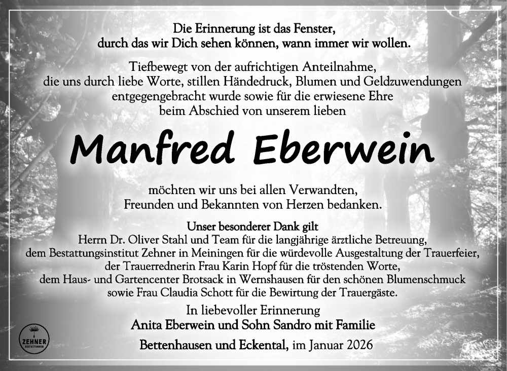  Traueranzeige für Manfred Eberwein vom 31.01.2026 aus Südthüringer Presse