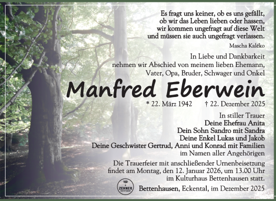 Traueranzeige von Manfred Eberwein von Südthüringer Presse