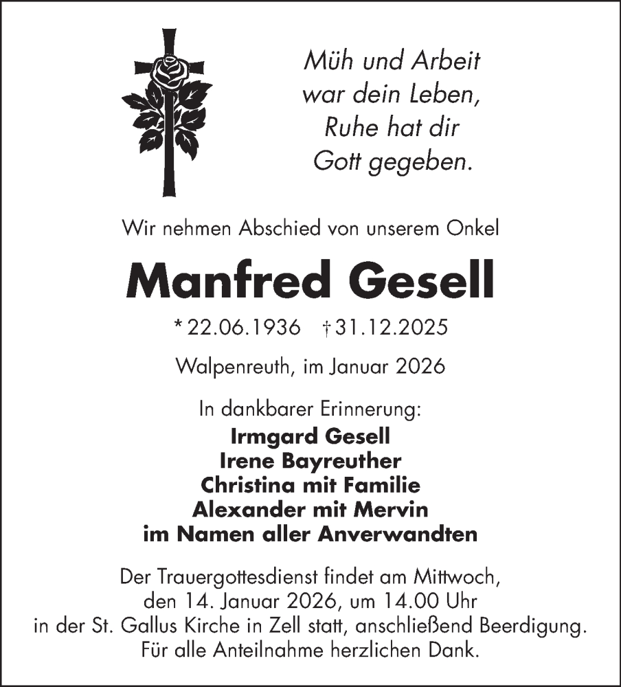  Traueranzeige für Manfred Gesell vom 10.01.2026 aus Frankenpost