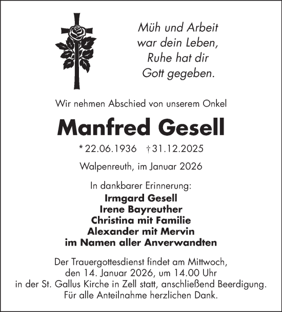 Traueranzeige von Manfred Gesell von Frankenpost