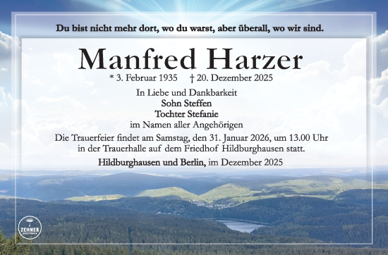 Traueranzeige von Manfred Harzer von Südthüringer Presse