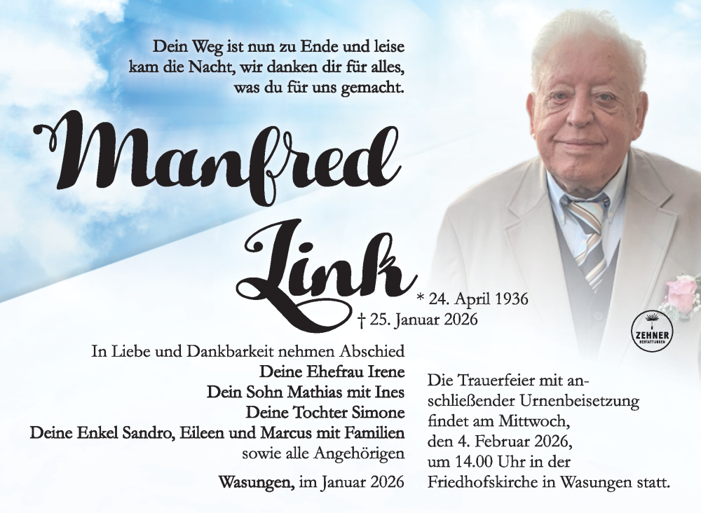  Traueranzeige für Manfred Link vom 30.01.2026 aus Südthüringer Presse