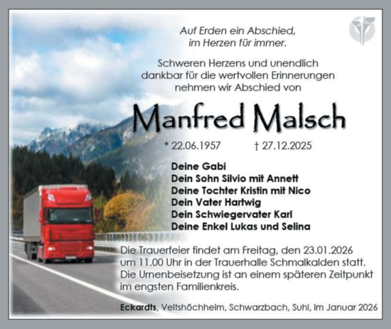 Traueranzeige von Manfred Malsch von Südthüringer Presse