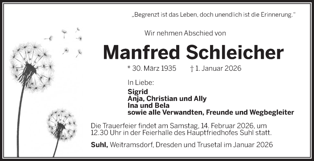  Traueranzeige für Manfred Schleicher vom 10.01.2026 aus Südthüringer Presse