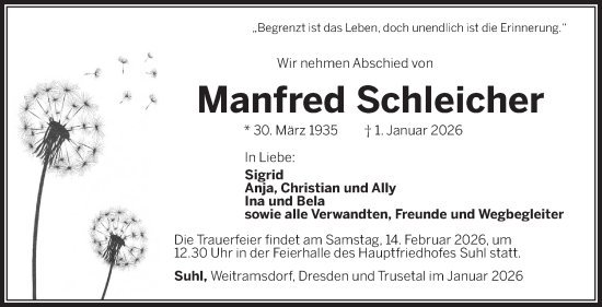 Traueranzeige von Manfred Schleicher von Südthüringer Presse