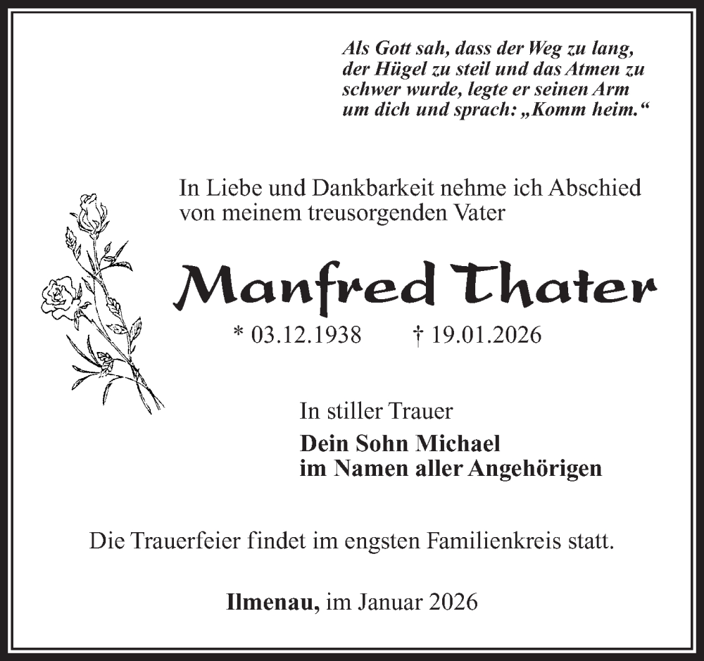  Traueranzeige für Manfred Thater vom 31.01.2026 aus Südthüringer Presse