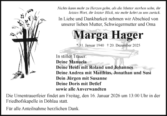 Traueranzeige von Marga Hager von Frankenpost