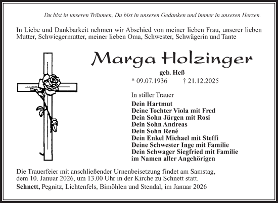 Traueranzeige von Marga Holzinger von Südthüringer Presse