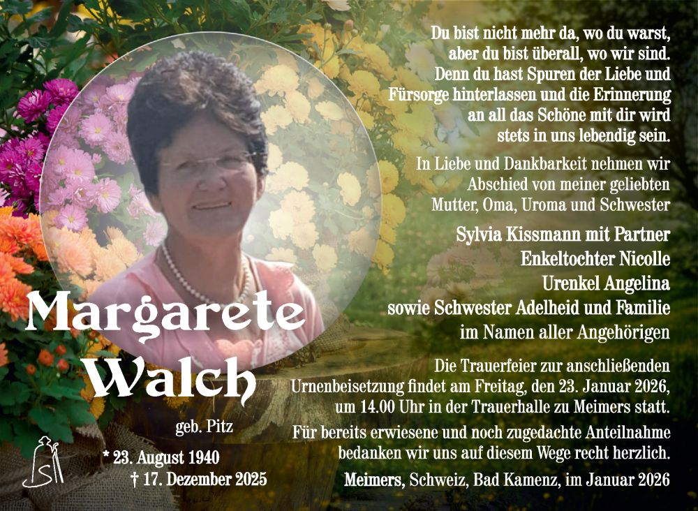  Traueranzeige für Margarete Walch vom 17.01.2026 aus Südthüringer Presse