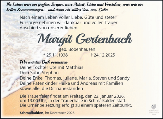Traueranzeige von Margit Gertenbach von Südthüringer Presse