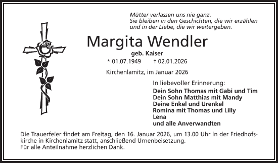 Traueranzeige von Margita Wendler von Frankenpost