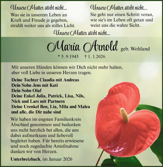 Traueranzeige von Maria Arnold von Südthüringer Presse