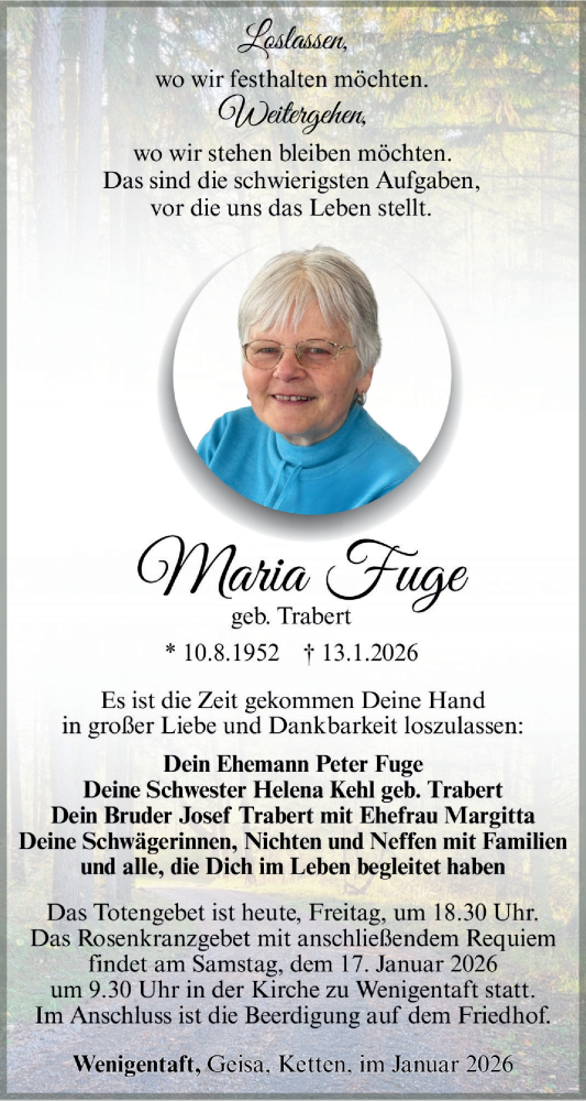  Traueranzeige für Maria Fuge vom 16.01.2026 aus Südthüringer Presse
