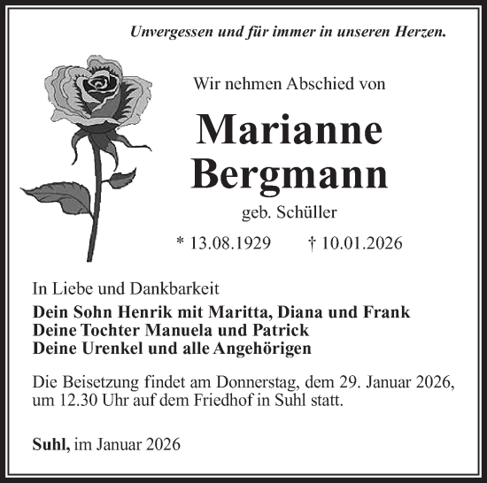 Traueranzeige von Marianne Bergmann von Südthüringer Presse