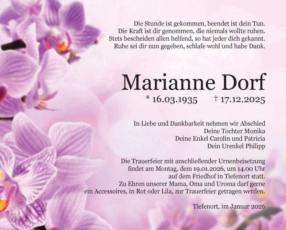  Traueranzeige für Marianne Dorf vom 17.01.2026 aus Südthüringer Presse