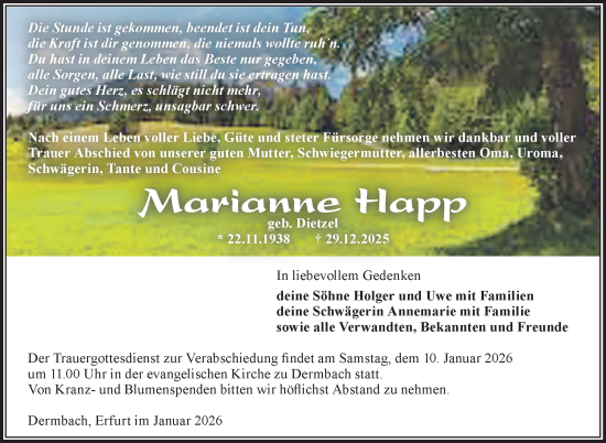 Traueranzeige von Marianne Happ von Südthüringer Presse