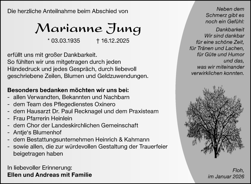  Traueranzeige für Marianne Jung vom 10.01.2026 aus Südthüringer Presse