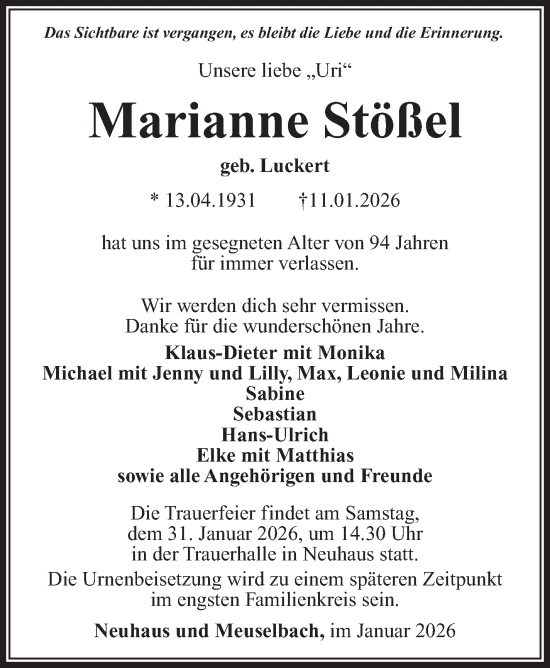Traueranzeige von Marianne Stößel von Südthüringer Presse