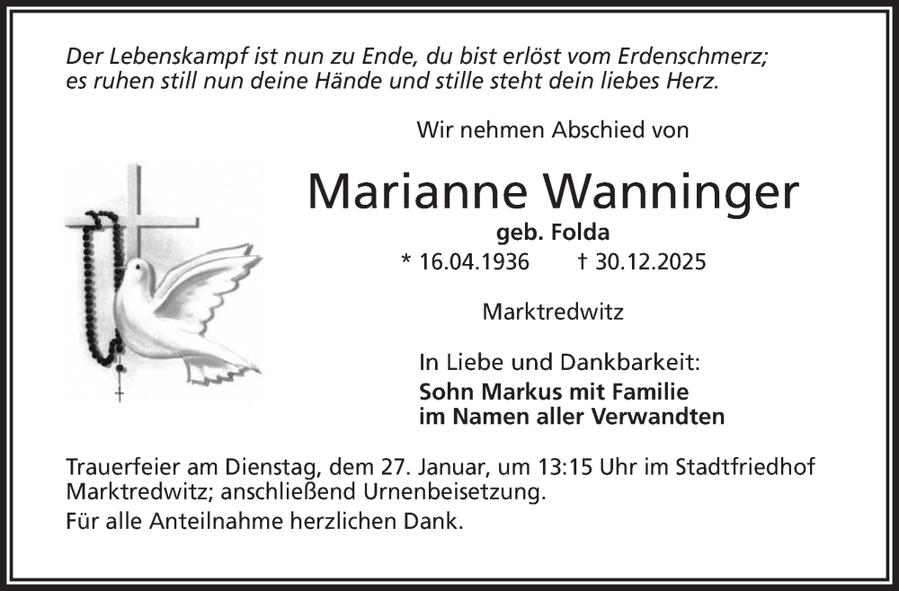  Traueranzeige für Marianne Wanninger vom 24.01.2026 aus Frankenpost