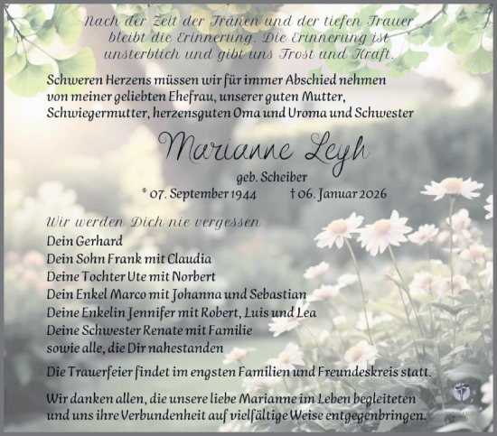 Traueranzeige von Marieanne Leyh von Südthüringer Presse