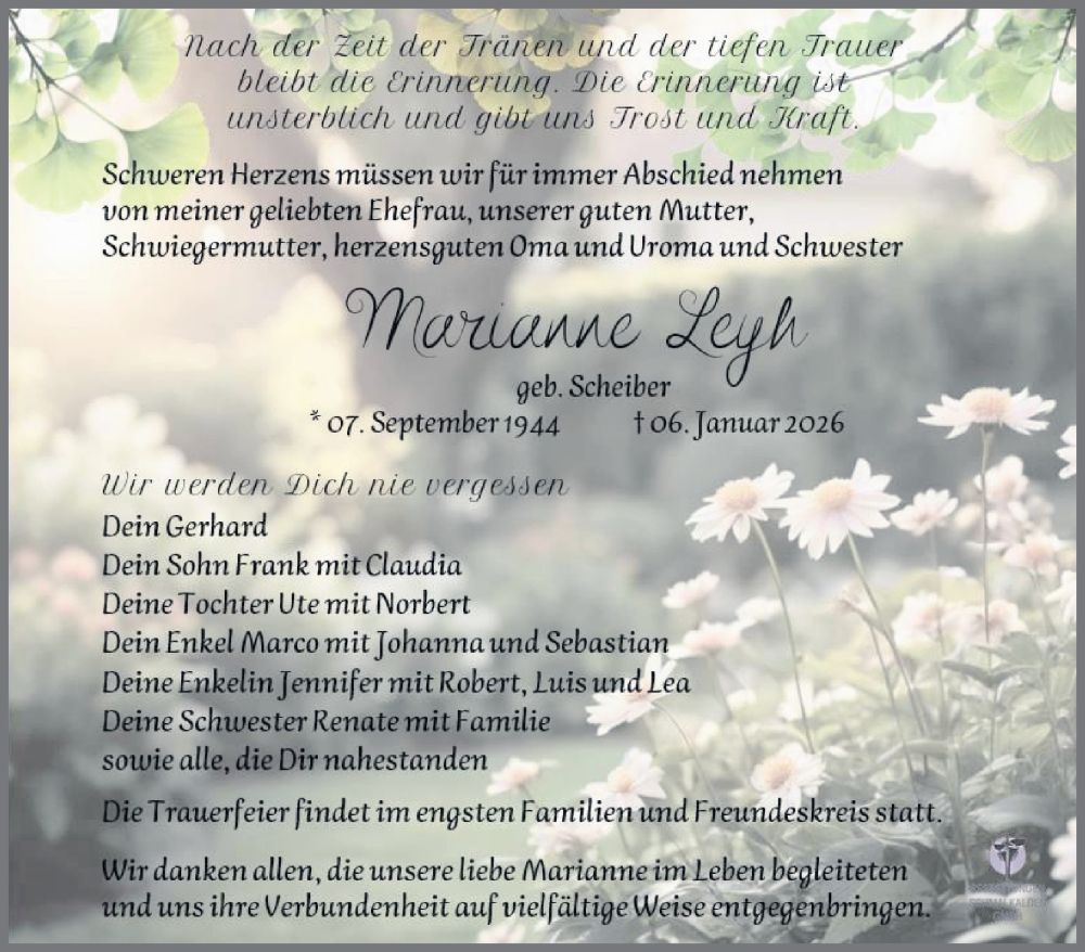  Traueranzeige für Marieanne Leyh vom 17.01.2026 aus Südthüringer Presse