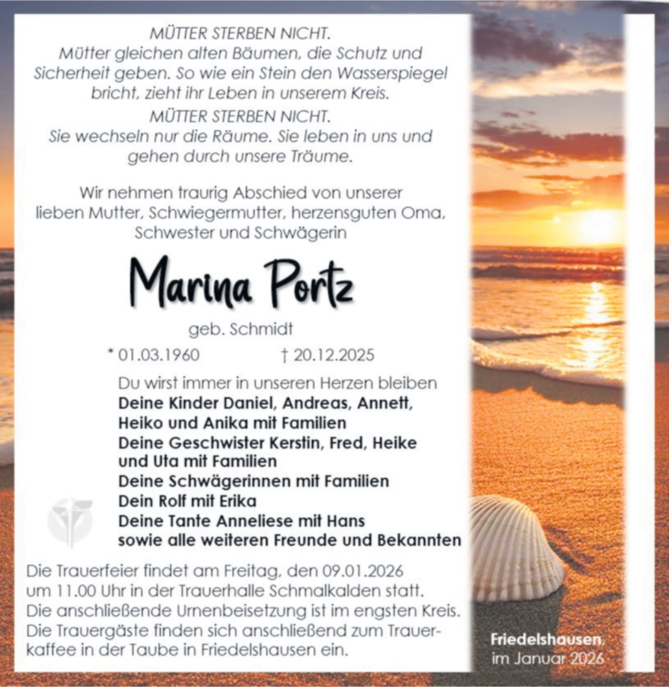  Traueranzeige für Marina Portz vom 03.01.2026 aus Südthüringer Presse