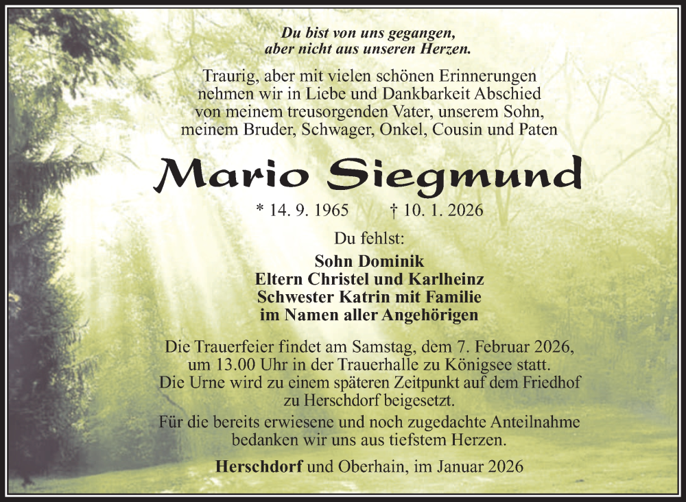  Traueranzeige für Mario Siegmund vom 31.01.2026 aus Südthüringer Presse